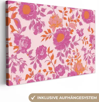 Produktbild von Leinwand Bilder 60x40 cm - Eklektisch - Blumen - Rosa - Orange, Bild Modern, Wanddeko, Gemälde