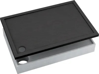 A black shower tray with a textured surface is shown partially lifted from a light gray base, revealing a hollow interior with a circular opening.