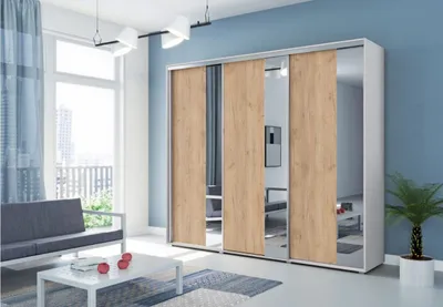 Produktbild von Dreitüriger Kleiderschrank mit Spiegel 278 cm MARCO – weiß / Eiche Craft Gold