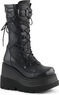 A single black platform boot shown from a three-quarter angle against a white background.