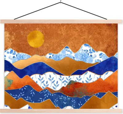 Produktbild von MuchoWow® Textilposter Delfter Blau - Gold - Muster 40x30 cm mit holzfarbenen Rahmen - Bilder