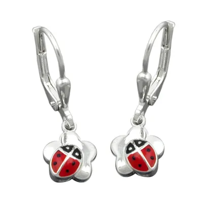 Produktbild von Ohrbrisur Ohrhänger Ohrringe 24x8mm Marienkäfer auf Blume Silber 925 silber 24x8mm