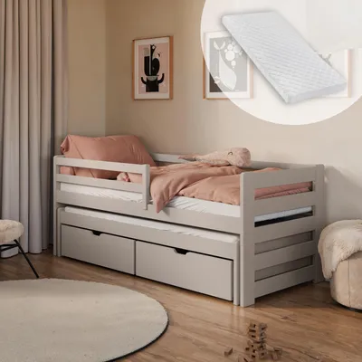 Image de Lit simple 90x200 avec lit gigogne 90x190 avec deux tiroirs, protection contre les chutes et sommiers à lattes, bois massif en cachemire, lit d'enfant fonctionnel