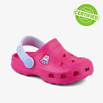 Produktbild von Kinder Clogs in kräftigen Farben mit Frosch Design und elastischem Fersenriemen