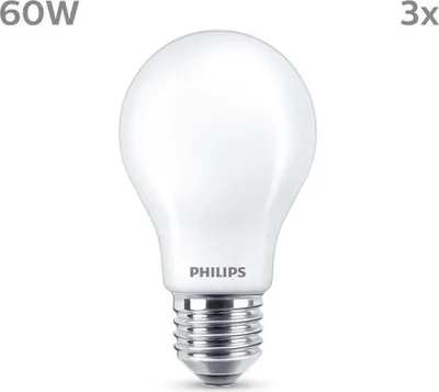 Produktbild von Philips Filament-Lampe Milchglas 60W A60 E27 x3, 7 W, 60 W, E27, 806 lm, 15000 h, Warmweiß
