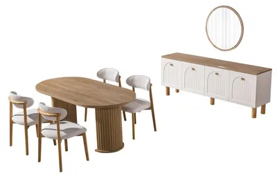 Produktbild von Esszimmer Set Baha 6-Sitzer Eiche Optik Weiß Esstisch ausziehbar 180x90x75 cm Sideboard Spiegel
