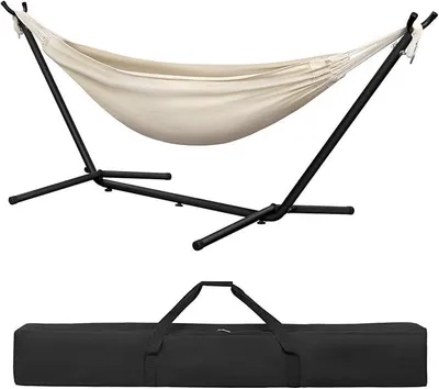 Produktbild von Hängematte mit Gestell,Hängematte Indoor & Outdoor, Doppel für 2 Personen, 250 kg belastbar,mit Tragtasche, für Indoor Schwimmbad Terrasse Hof Garten Balkon (Beige, 280 * 106 * 100cm)
