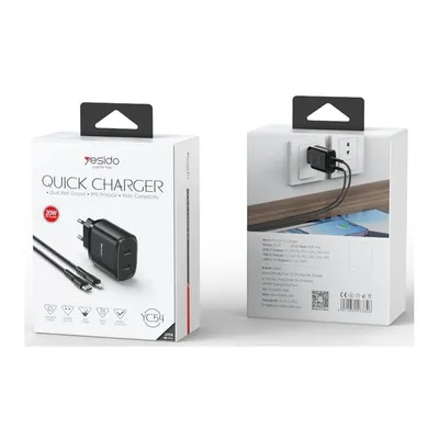 Zdjęcie produktu dla Yesido Ładowarka Sieciowa Yc54 Pd 20W Qc 2Xusb-C + Kabel 27W Type-C - Lightning 1M, Black / Czarny