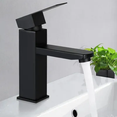 Produktbild von Schwarze Waschtischarmatur mit Einhebelmischer, Warm- und Kaltwasser Wasserhahn für Bad & Küche, Deckmontage