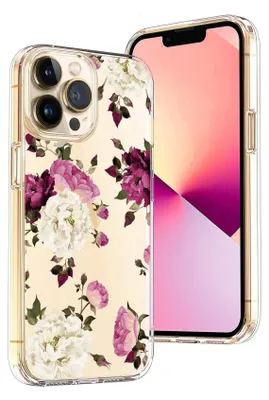 A clear, professional product shot of a phone case with a floral pattern, placed next to a smartphone.