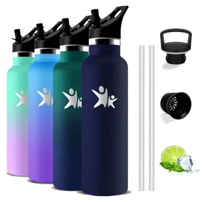Produktbild von Trinkflasche Edelstahl, Trinkflasche 1l, BPA-Frei, Thermosflasche mit Strohhalm, Isolierflasche Doppelwandig, Wasserflasche Metall, Wasserflasche für Wandern, Fitness, Camping, Yoga