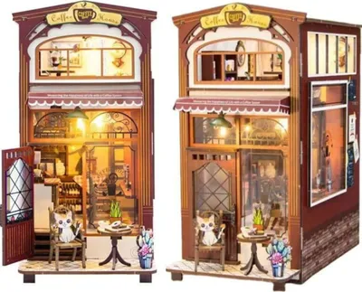 Image de Habarri | DIY Book Nook - Petit déjeuner en ville - Puzzle 3D - Kit maison miniature avec meubles et lumière LED - Kit coin de livre
