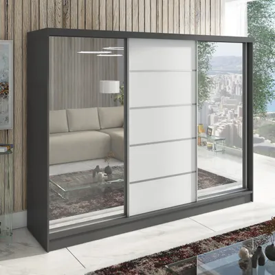 Produktbild von Schwebetürenschrank TOP, 3-türig Schrank 200 cm Kleiderschrank mit Schubladen, und Spiegel. Farbe: Graphit / Weiß