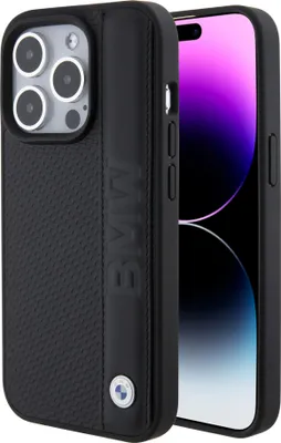 Obrázok produktu pre Etui BMW kožené textúrované a pruhované na Iphone 15 Pro - Čierne