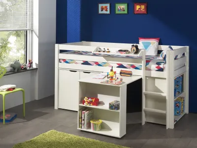 Produktbild von Vipack Pino Hochbett-Kombination, Kiefer massiv MDF, weiß lackiert, mit Schreibtisch, Regal, Hängeregal und Kommode, 210 x 114 x 106 cm (B x H x T)