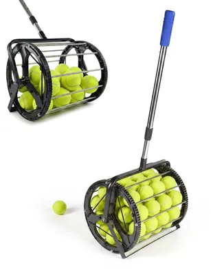 Obrázek produktu pro Sběrač tenisových míčků Relaxdays, 50 míčků, rozměry: 106 x 29 x 27 cm, kov, teleskopická rukojeť, sběrač tenisových míčků na kolečkách, černý/stříbrný