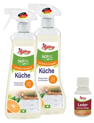 Produktbild von Poliboy NCP Küchenreiniger 2er Set mit Leder Probe - je 500ml - kraftvolle Reinigung mit Seifenschaum für die Küche