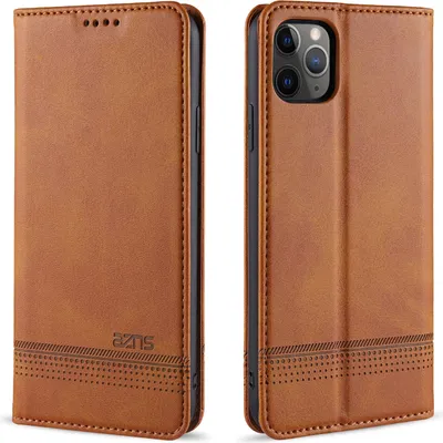 A brown leather flip case for a smartphone, shown from the front and side.