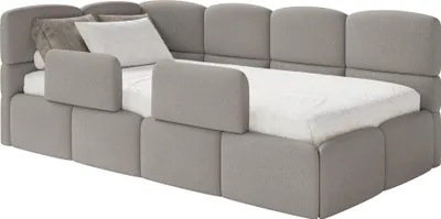 Produktbild von Selsey Cloudy – Kinderbett 120x200, Kopfteil links, Matratze & Bettkasten, Chenille Hellbraun