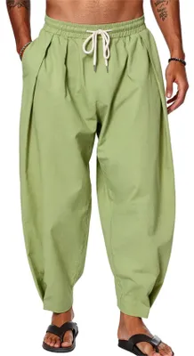 Image de ASKSA - Pantalon ample pour hommes, en coton et lin, idéal pour l'été, léger, parfait pour la plage ou les loisirs, avec poches (vert, taille 3XL)