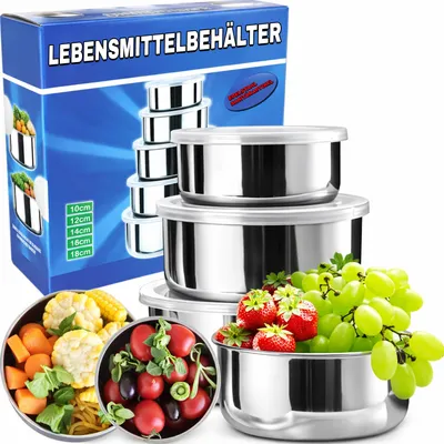 Produktbild von Lebensmittelbehälter mit Deckel 5-tlg Lunchbox Set aus Edelstahl Frühstückstasse Suppenschüssel Aufbewahrungsdosen Frischhaltedosen Silber Retoo