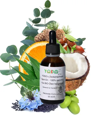 Produktbild von YODO's Zeckenschreck Zeckenöl für Hunde und Katzen, 7 -Öle, Eukalyptus, 50 ml (1250 Tropfen)