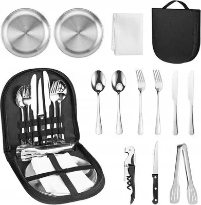 Zdjęcie produktu dla 13-częściowy zestaw sztućców kempingowych ze stali nierdzewnej – etui podróżne – przenośny – kemping, piknik, grill, wędrówki