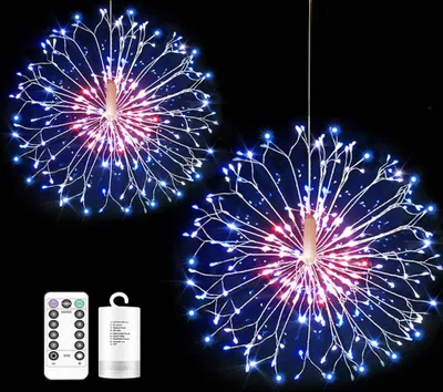 Two dandelion-shaped string lights with blue and red LEDs against a black background.