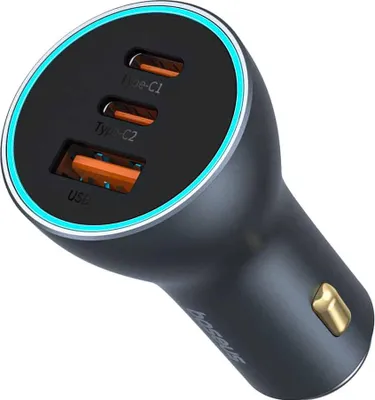 Image de Chargeur de voiture Baseus Golden Contactor Pro, 65W, 1xUSB, 2xUSB-C, GaN, Gris