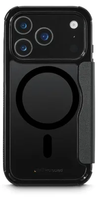 The back of a black smartphone case with a camera bump and a circular magnetic charging area.