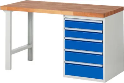 Produktbild von Werkbank mit 5 Schubladen - Vollauszug - 120:2 / 150:2 / 180:1 - 840 x 1.500 x 700 mm (HxBxT) - Traglast 1.000 kg - Buche
