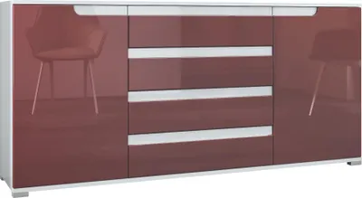 Produktbild von Vladon Sideboard Sylt V2, Kommode mit 2 Türen und 4 Schubladen, Korpus - Weiß matt / Front - Bordeaux Hochglanz / Absetzung - Weiß Hochglanz (166,5 x 75,5 x 35 cm)
