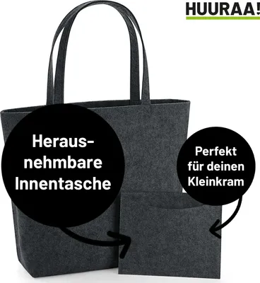 A dark gray felt shopper bag with two black text overlays highlighting features.