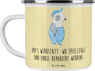 Produktbild von Mr. & Mrs. Panda Camping Emaille Tasse Großeltern Werkstatt - Gelb Pastell - Geschenk, Enkelkinder, Liebe, Pott, Kaffeepott, Emailletasse, Reparatur, Teetasse, Haferl