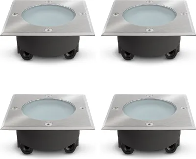 Four square-shaped outdoor floor lights with a circular glass lens are arranged in a 2x2 grid on a white background.