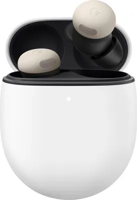 A pair of white Google Pixel Buds Pro 2 with a charging case.