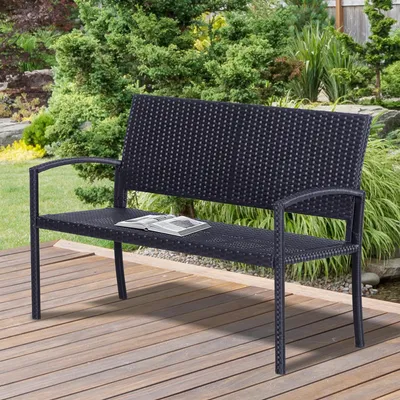 Produktbild von Gartenbank 2-Sitzer PE Polyrattan, Außenbank Rattanoptik Stahlrahmen wetterfest, Balkonbank, Schwarz | 122 x 60 x 85 cm | bis 240 kg | 9,5 kg