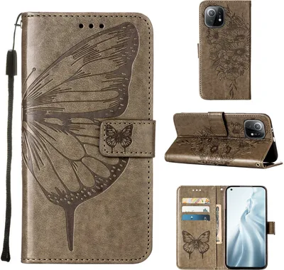 Produktbild von Xiaomi Mi 11 Hülle, Schmetterling Prägung Flip Leder Kartenfächer Schutzhülle Ledertasche mit Ständer für Xiaomi Mi 11 Grau