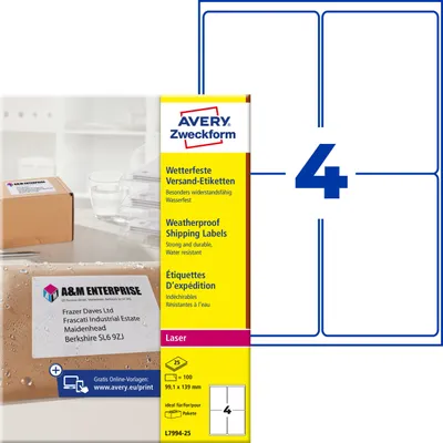 Produktbild von Avery Zweckform L7994-25, Versand-Etiketten, A4, 99,1 x 139 mm, 100 Etiketten / 25 Bögen, weiß