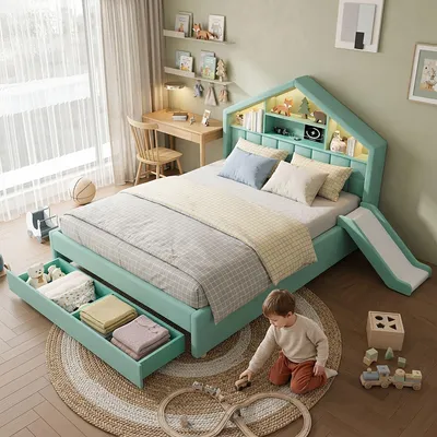 Productafbeelding van Merax gestoffeerd bed 140x200 cm met glijbaan en opbergruimte, hemelbed met LED-verlichting, kinderbed met laadpoort, hoofdeinde met plank, fluweel, blauwgroen