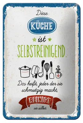 Produktbild von Blechschild Spruch 12x18 cm Küche selbstreinigend Das heißt, jeder Deko Schild