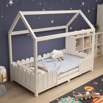 Image de MODFU Lit Enfant 90x200 cm - Lit Cabane avec Barrières de Sécurité et Sommier, Bois Massif, Sans Matelas, Blanc