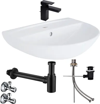 Produktbild von Waschbecken Komplettset Tulpe 60 cm mit Hansgrohe Armatur Ablaufgarnitur schwarz und Siphon + Schell Eckventil