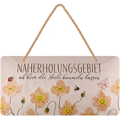 Produktbild von LANOLU Retro Blechschild Naherholungsgebiet, Gartenschild Metall mit Blumen, Deko Schild für draußen, mit Jutelkordel, 16x32 cm