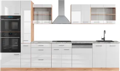 Produktbild von Küchenzeile Vicco R-Line Weiß Hochglanz/Goldkraft Eiche 350 cm mit Hochschrank, AP Marmor, Model 49466