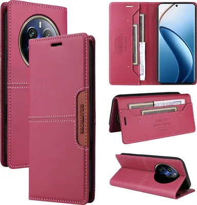 Produktbild von Handyhülle für Realme 13 Pro/13 Pro+/12 Pro/12 Pro+ Hülle, Leder Flip Wallet Kartenfach Stand Schutzhülle Rot