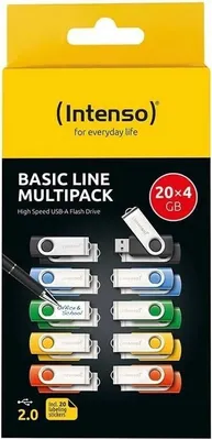 Produktbild von Intenso Basic Line 20 x USB-Stick, 4 GB, USB-A, 2.0, bunt, 8 GB, USB Typ-A, 2.0, Drehring, Mehrfarbig