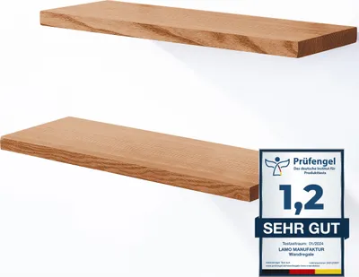 Produktbild von LAMO Manufaktur 2 Stück Wandregal aus Holz mit unsichtbarer Befestigung 2x 42cm | Wandregal aus 100 % echtem Holz | Hängeregal für Wohnzimmer, Schlafzimmer | Wandregale SET 4 Gerade Farbe: Dunkel