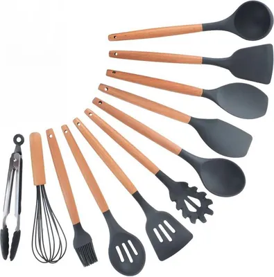 Produktbild von Krumble 11-Stück Silikon-Kochgeschirrset - Spachtel - Spachtelset - Aufgehängtes Set - BPA-frei - Holzgriff - Schöpfkelle - Backspatel - Suppenkelle - Grau