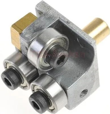 A close-up view of a metal band guide assembly with ball bearings and hex screws.